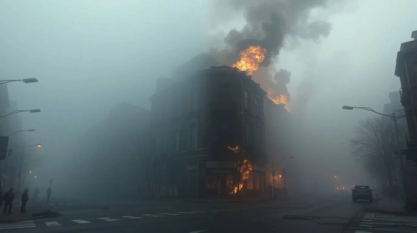 A multi-story building burning at a street corner, with flames and thick smoke rising into a fog-filled urban street.