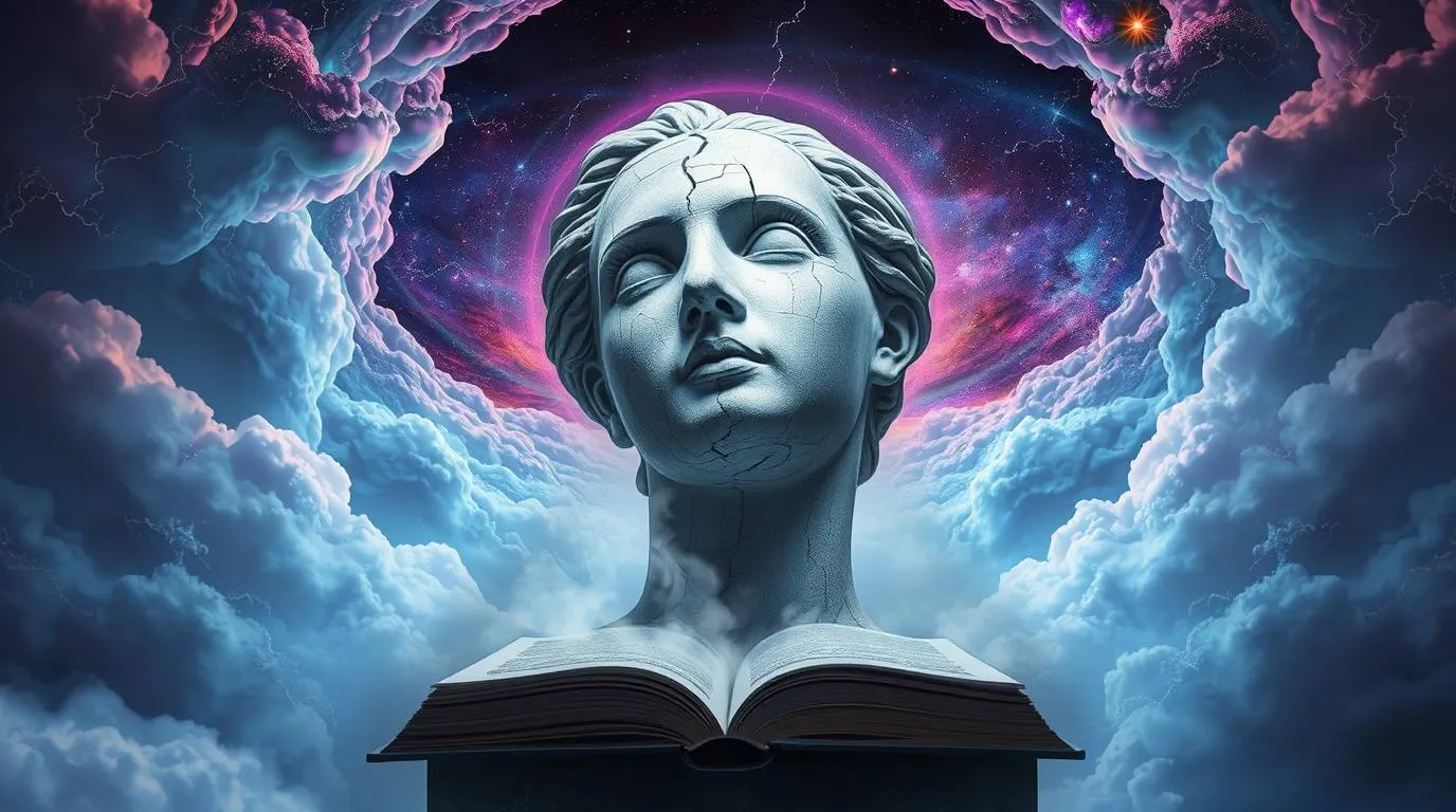 A stone bust rising from an open book, surrounded by clouds and a colorful cosmic sky.