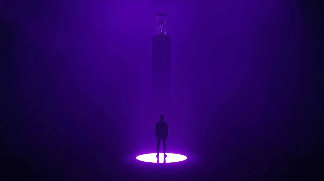 A silhouetted figure standing in a circular spotlight beneath an hourglass suspended above, surrounded by purple light.