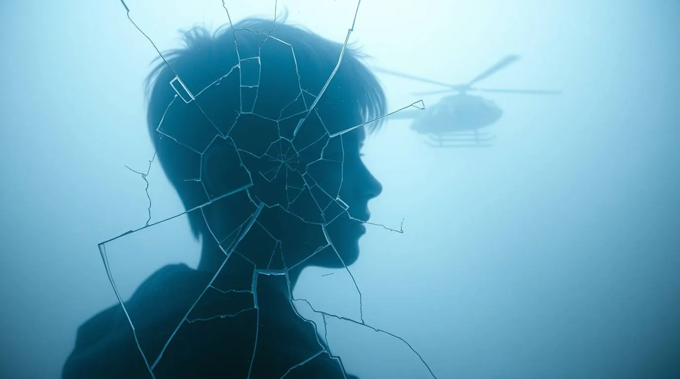 A side-profile silhouette of a person seen through cracked glass, with a helicopter blurred in the foggy background.