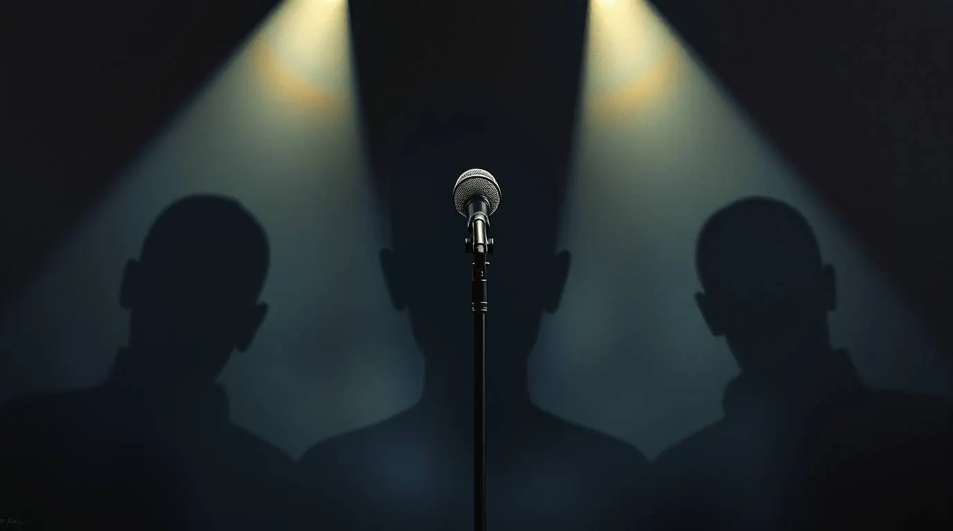 A microphone stands alone under two spotlights while multiple human silhouettes fade into darkness behind it, suggesting voices, projection and the absence of individual control.