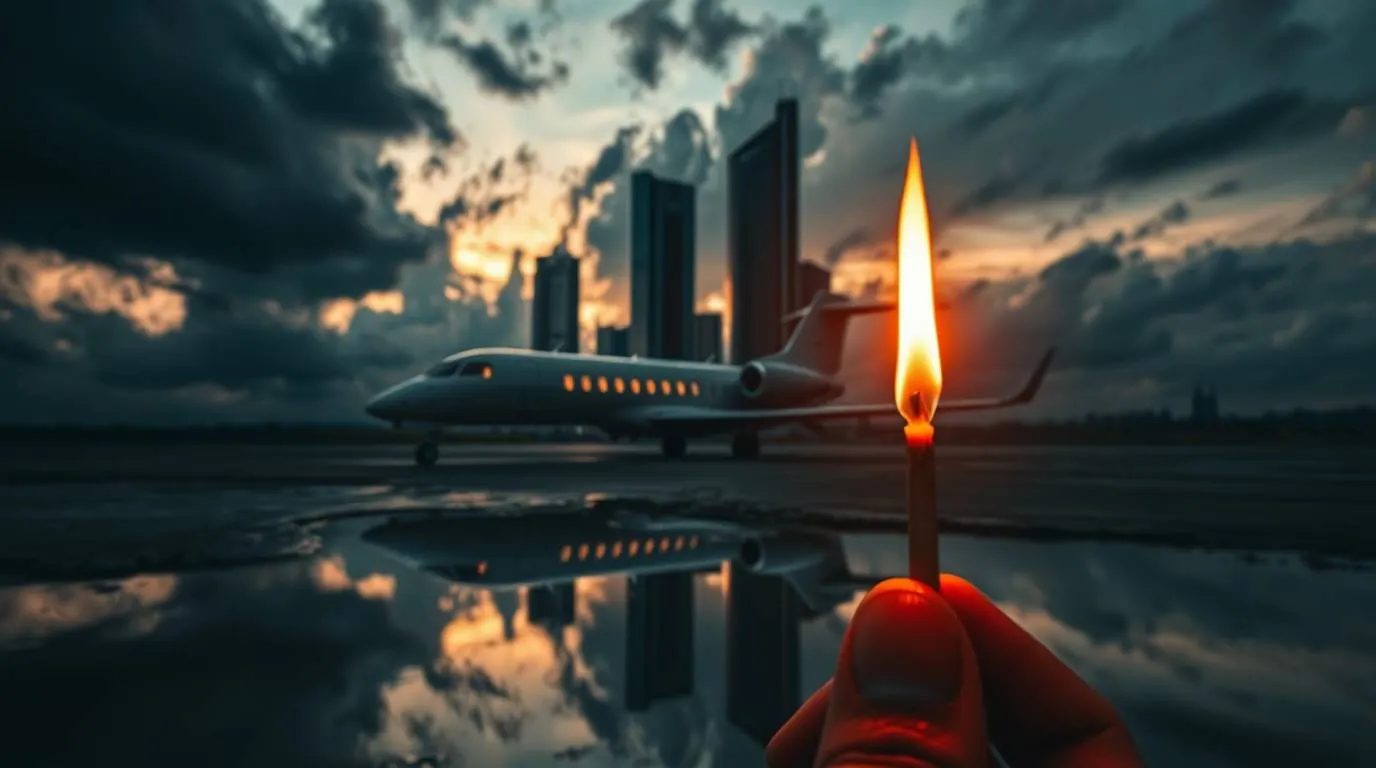 A private jet sits on a rain-soaked runway under storm clouds while a hand holds a lit candle in the foreground, symbolizing wealth and planning rendered fragile by chance and mortality.