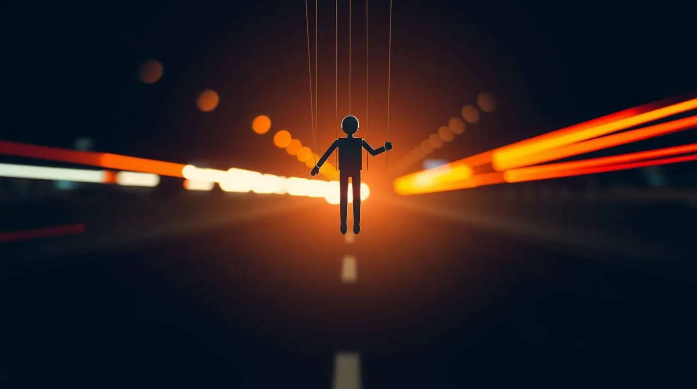 A silhouetted human figure suspended by strings above a dark road, with blurred orange and white lights in the background.