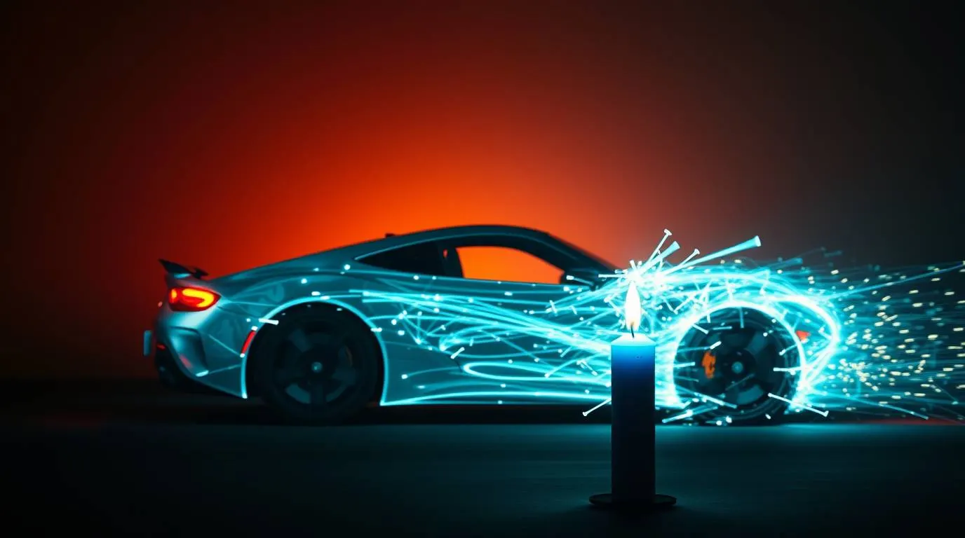 A sports car in profile against a dark background, with glowing light trails extending toward a lit candle in the foreground.