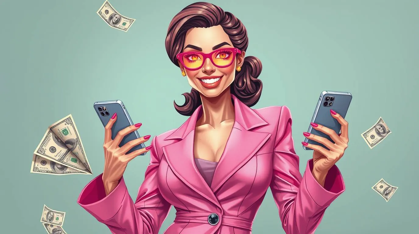 Smiling digital hustle influencer holding two smartphones as dollar bills float around her, symbolizing monetized motivation and clickbait success culture.