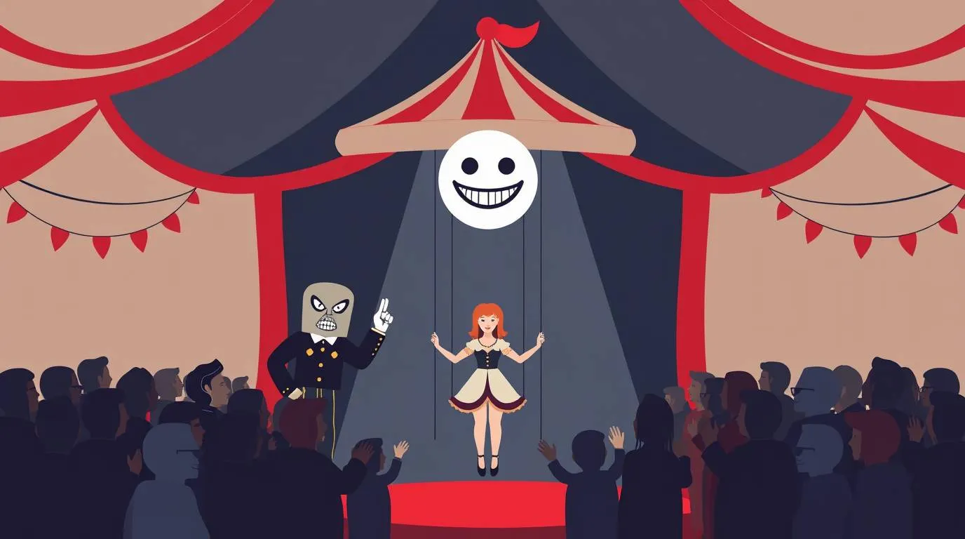 Illustrated stage scene with a smiling puppet master figure, a female marionette performer and an audience watching inside a circus tent