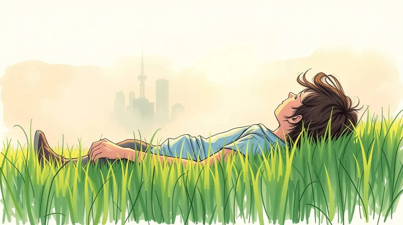 Person lying in tall green grass, looking up at the sky, with a distant city skyline faintly visible through morning haze
