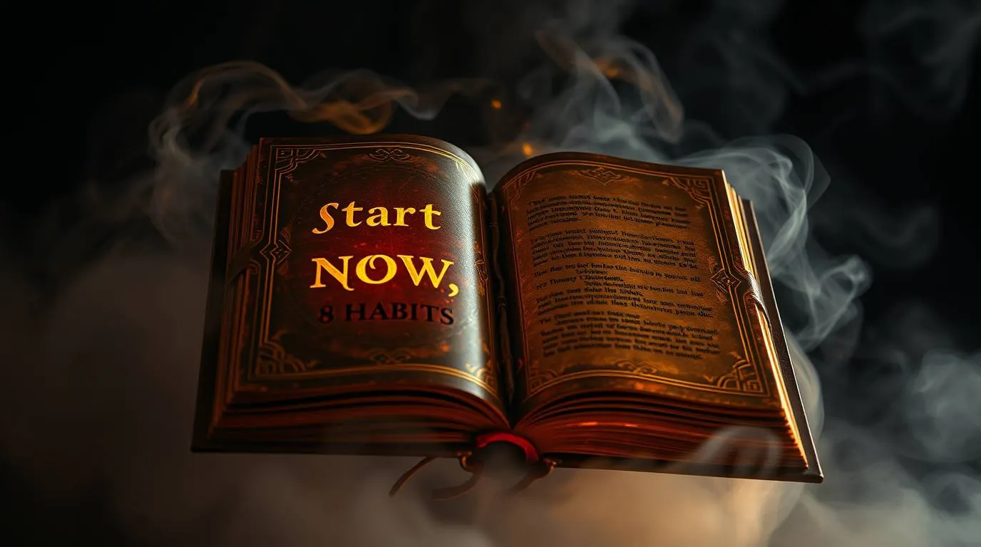 Open book with glowing text reading "Start Now, 8 Habits," surrounded by smoke and low light