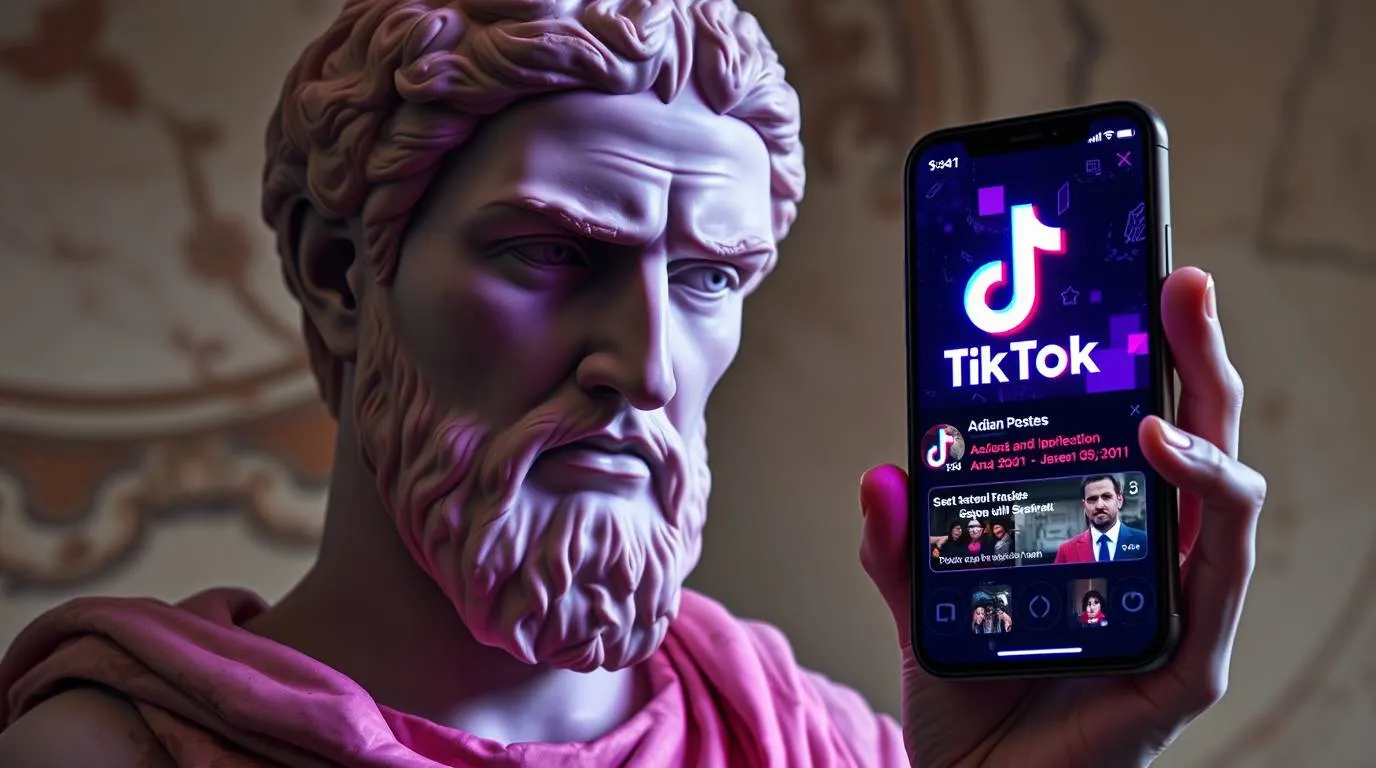 A stylized illustration of an ancient bearded philosopher statue holding a smartphone displaying the TikTok app, symbolizing the contrast between classical philosophy and modern attention-driven social media.