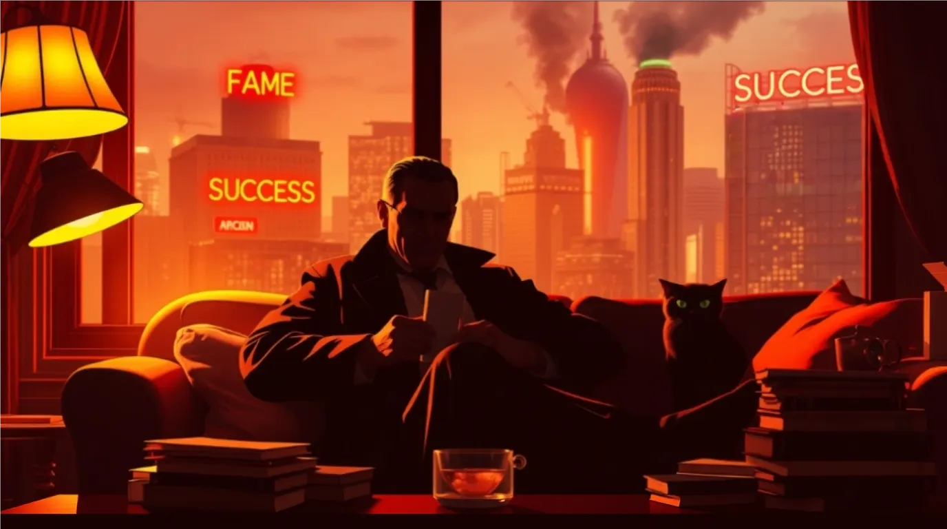 A man sitting on a couch in a dimly lit room, holding a cup of tea, with a city skyline outside the window glowing with neon signs reading "Fame" and "Success", while a black cat watches beside him.
