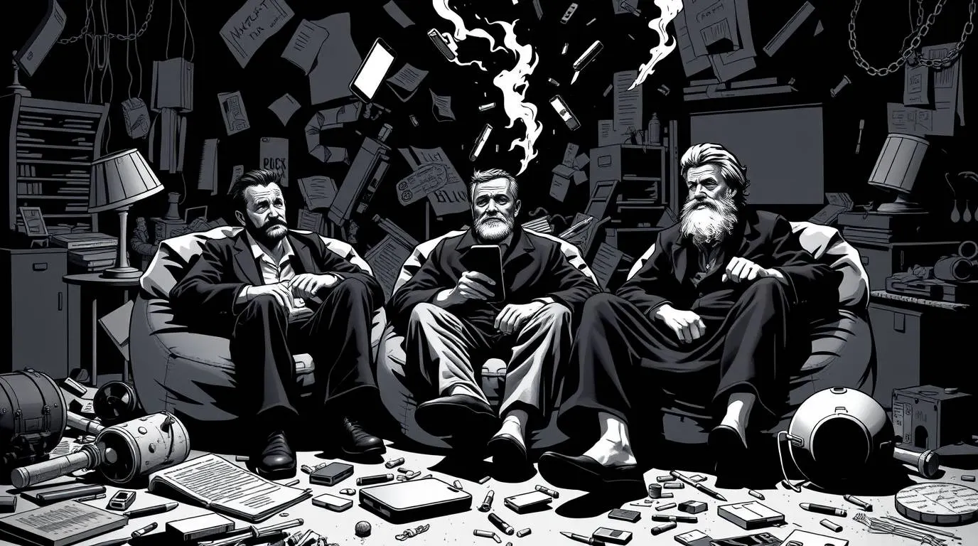 A monochrome illustration of three older men sitting exhausted on couches in a cluttered room filled with scattered papers, books, devices and smoke rising overhead, evoking intellectual burnout, information overload and mental exhaustion.