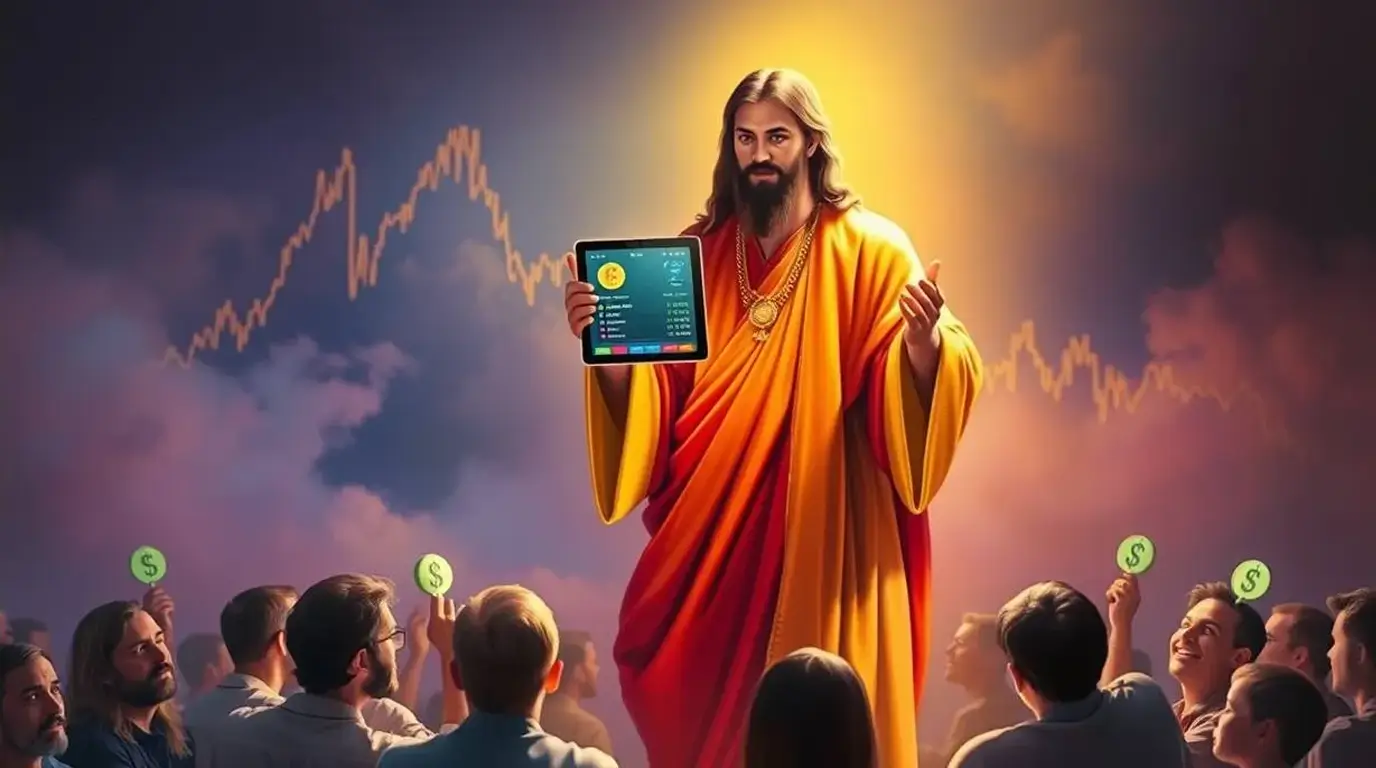 A stylized illustration of a robed, Christ-like figure holding a tablet displaying cryptocurrency data while addressing a crowd holding dollar symbols, with a fluctuating market chart in the background, symbolizing financial worship, crypto evangelism and modern faith in markets.