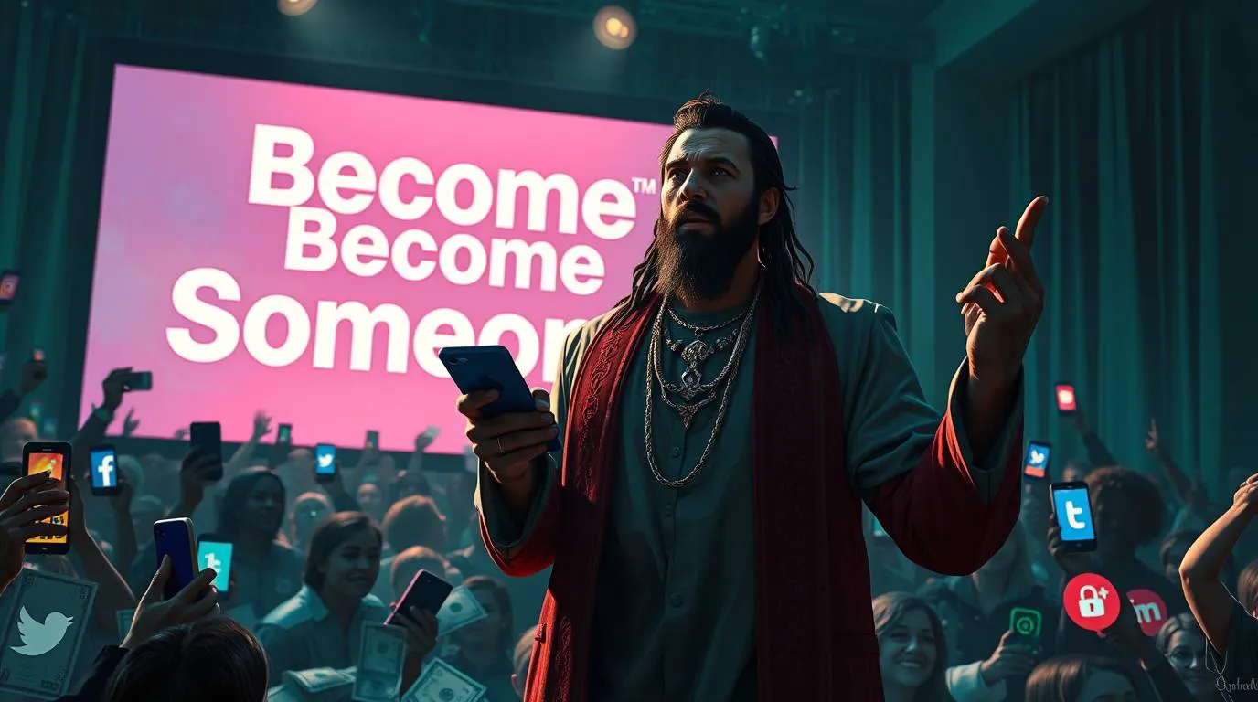 A stylized illustration of a bearded influencer speaking on stage in front of a large screen reading "Become Someone," while an audience records him with smartphones, symbolizing influencer culture, public self-branding and performative ambition.