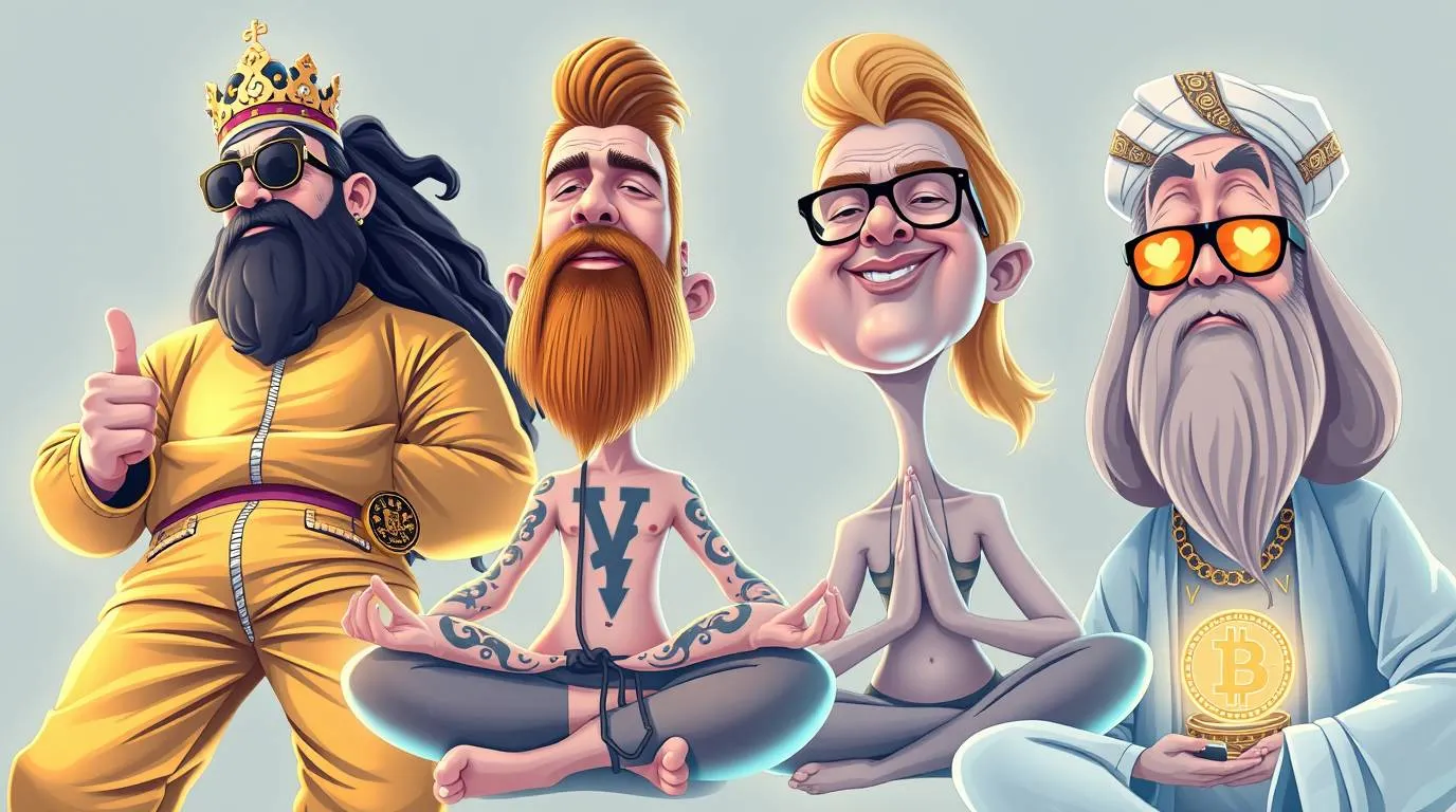 A stylized caricature illustration of four influencer archetypes, including a luxury hustle figure, a tattooed mindfulness enthusiast, a wellness guru and a crypto spiritual leader holding a Bitcoin symbol, representing the blend of hustle culture, wellness branding and financial ideology.