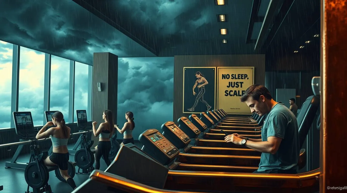 A stylized illustration of people exercising on treadmills inside a modern gym under dark storm clouds, with a poster reading "No Sleep. Just Scale." while a man checks his phone mid-workout, symbolizing hustle culture, productivity obsession and burnout.