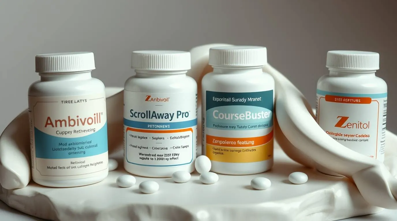A studio photograph of four white supplement bottles labeled with satirical anti-hustle names, including Ambivoil, ScrollAway Pro, CourseBuster and Zenitol, arranged on a soft white surface with scattered pills.