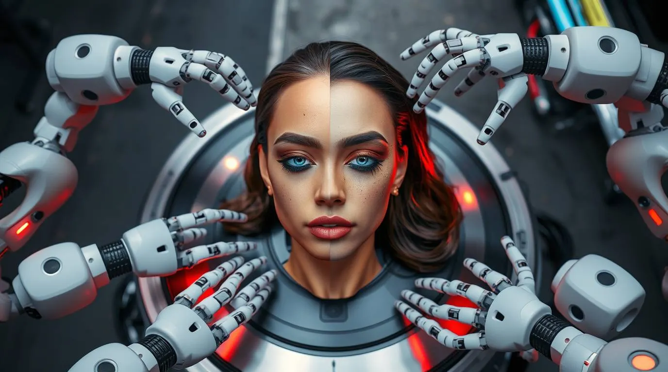 A hyperreal portrait of a woman with a split human and AI-enhanced face, surrounded by robotic hands adjusting her features, symbolizing generative AI, synthetic beauty and the collapse of visual authenticity.