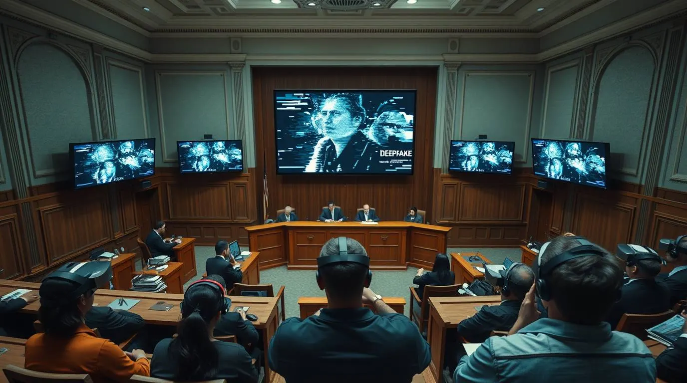 A government hearing room where officials and attendees watch multiple screens displaying a distorted video labeled "DEEPFAKE", symbolizing institutional attempts to judge truth in an era of synthetic media.