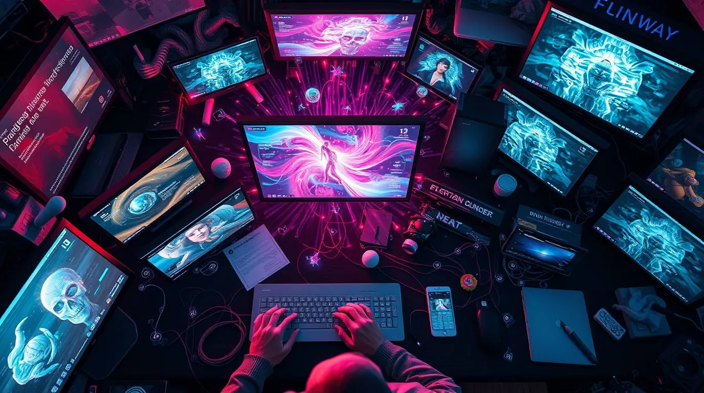 A dark workstation surrounded by multiple screens displaying AI-generated faces and abstract visuals, with a person typing at the center, symbolizing generative AI saturation, visual overload and the collapse of shared reality.