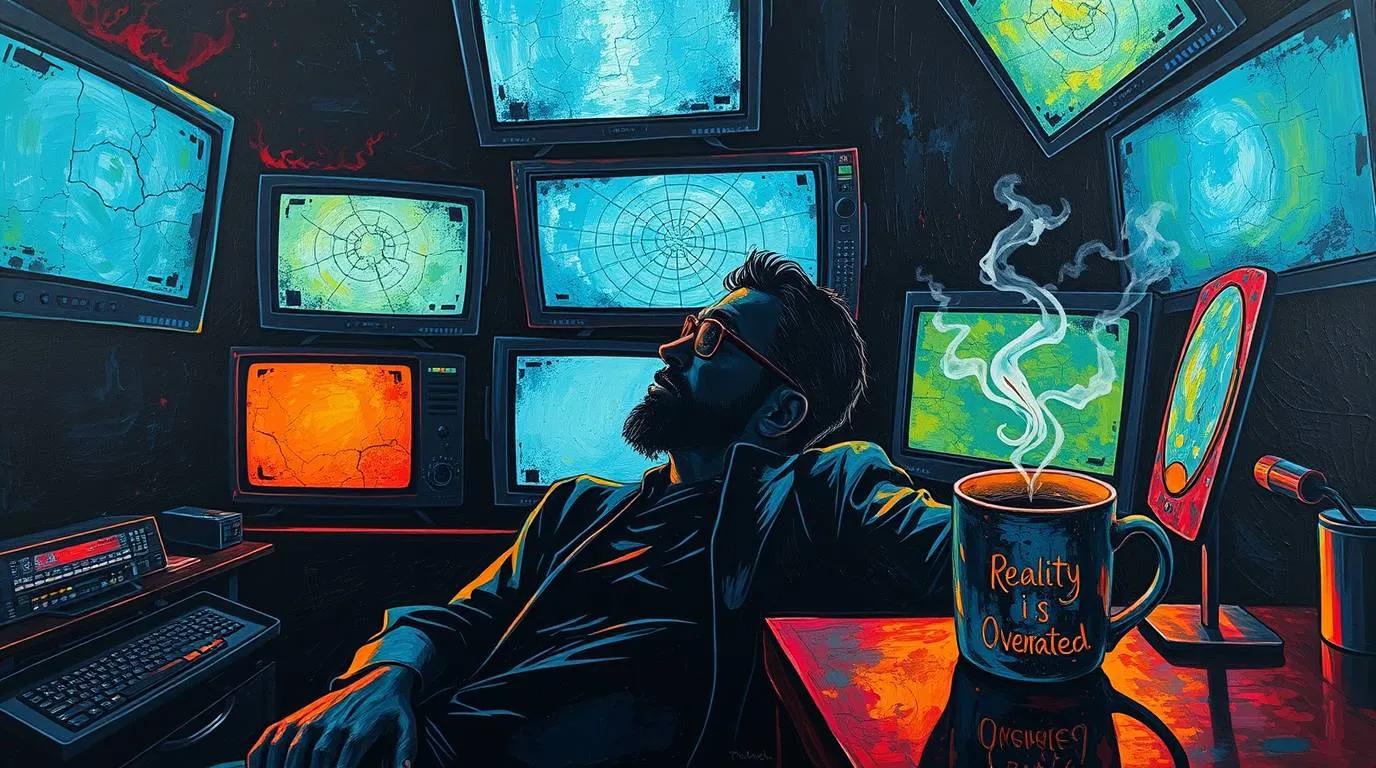 A man sits in a dim room surrounded by multiple glowing monitors displaying abstract maps and signals, with a steaming mug labeled "Reality is Overrated," symbolizing detachment and fatigue in an environment of constant mediated information.