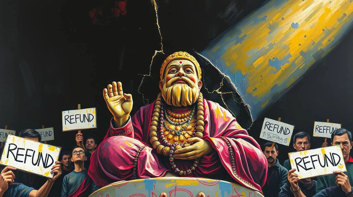 A large seated spiritual figure with raised hand is surrounded by people holding signs that read “Refund” inside a dark, cracked interior.