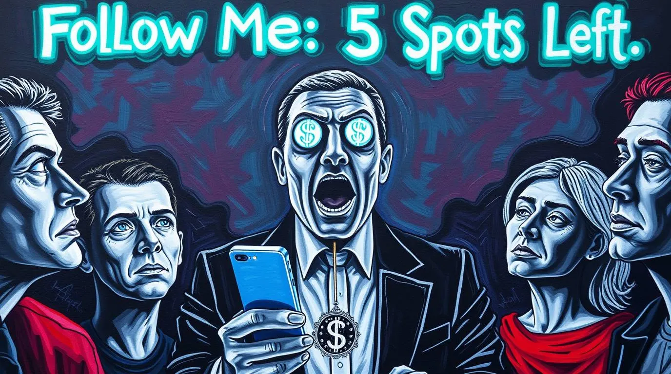A man with dollar signs in his eyes shouts while holding a smartphone, surrounded by onlookers, beneath glowing text that reads “Follow Me: 5 Spots Left.”