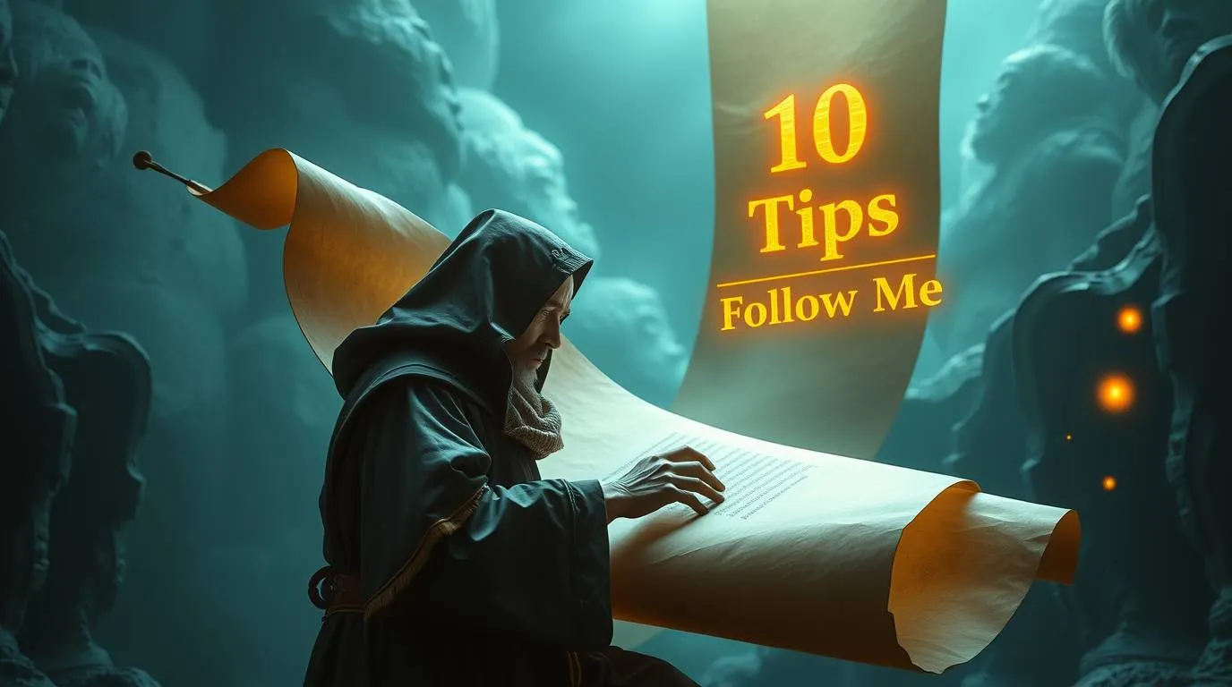 A hooded figure reads a long parchment scroll while glowing text reading “10 Tips Follow Me” hovers beside it, evoking a modern hustle sermon.